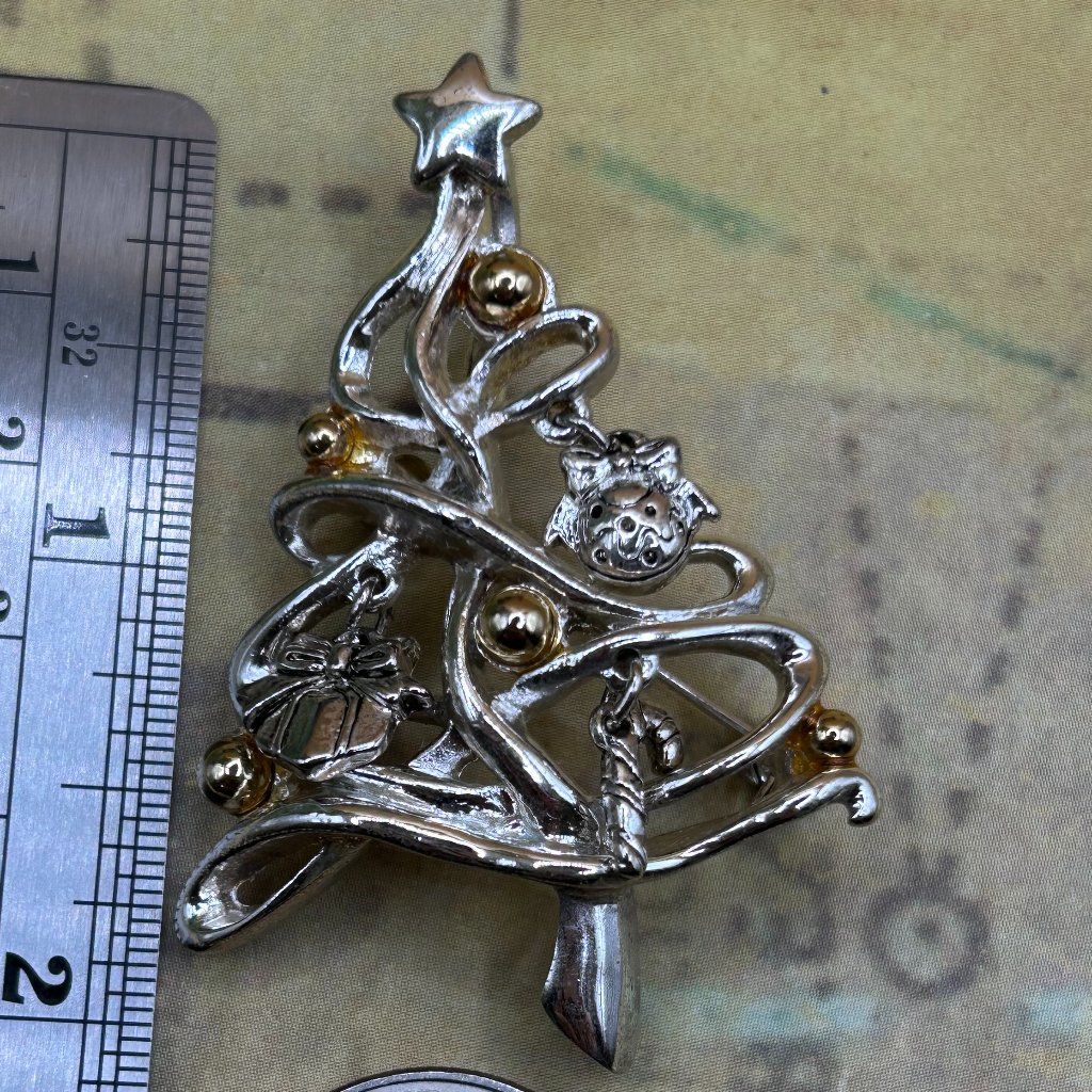 Vintage Estate Silver Gold Tone Christmas Tree Holiday Jewelry Brooch Pendant